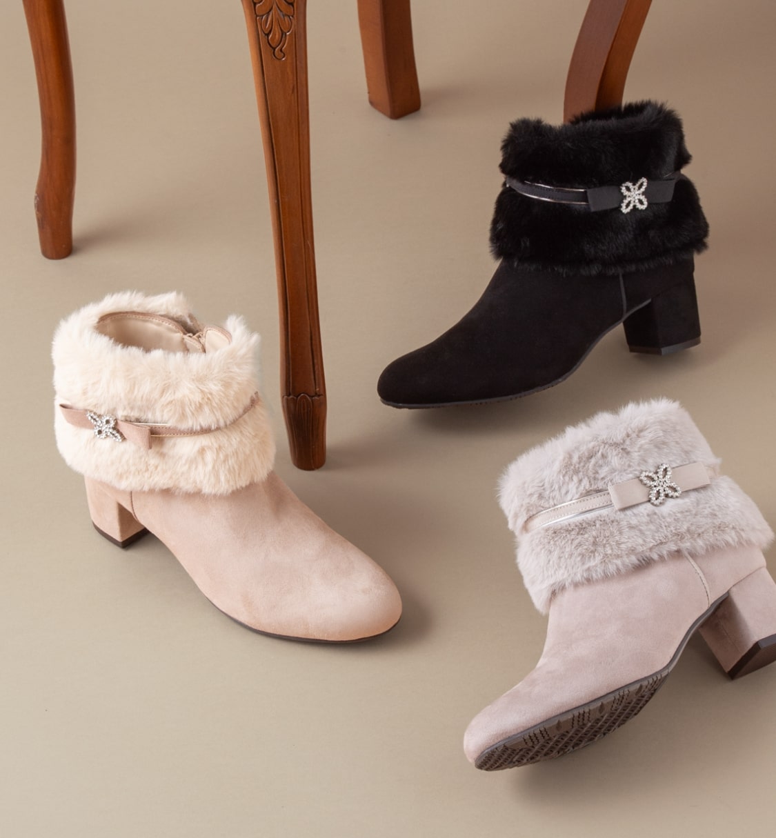 4WAY Fur Bijoux Ribbon Belt Short Boots